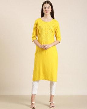 embroidered round-neck straight kurta