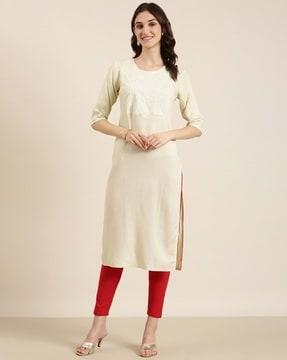 embroidered round-neck straight kurta