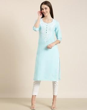 embroidered round-neck straight kurta