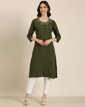 embroidered round-neck straight kurta