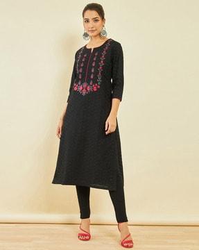 embroidered round-neck straight kurta