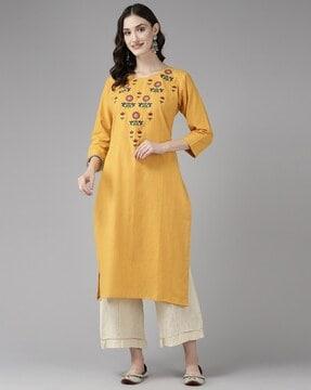 embroidered round-neck straight kurta