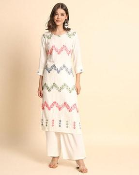 embroidered round-neck straight kurta