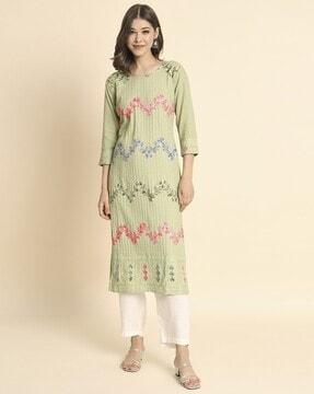 embroidered round-neck straight kurta