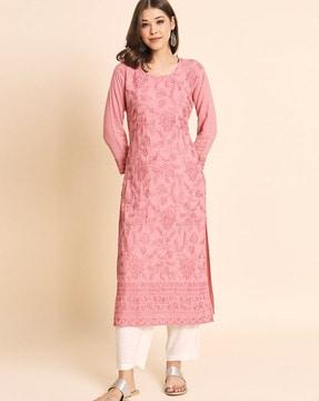 embroidered round-neck straight kurta