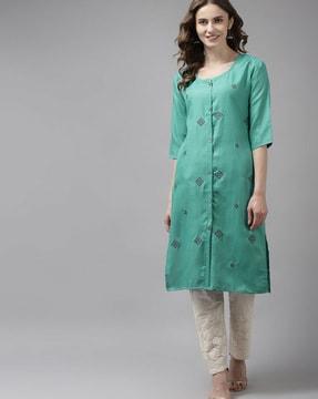 embroidered round-neck straight kurta