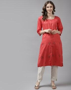 embroidered round-neck straight kurta