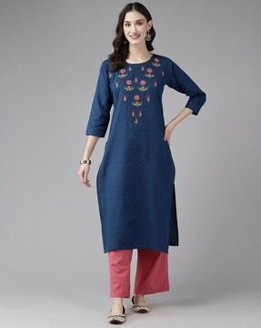 embroidered round-neck straight kurta