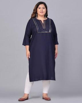 embroidered round-neck straight kurta