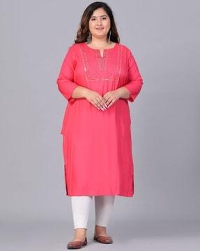 embroidered round-neck straight kurta