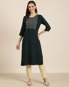 embroidered round-neck straight kurta