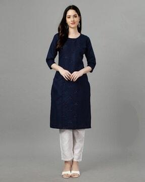 embroidered round-neck straight kurta