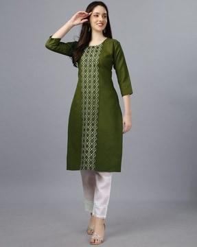 embroidered round-neck straight kurta