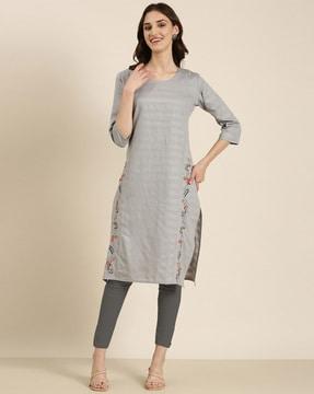 embroidered round-neck straight kurta