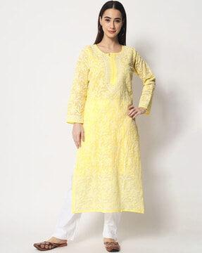 embroidered round-neck straight kurta