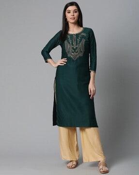 embroidered round-neck straight kurta