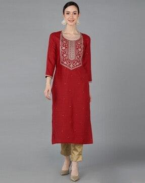 embroidered round-neck straight kurta