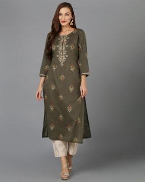 embroidered round-neck straight kurta