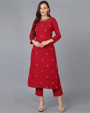 embroidered round-neck straight kurta