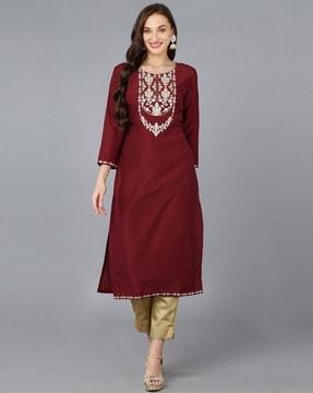 embroidered round-neck straight kurta