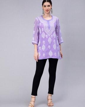 embroidered round-neck straight tunic