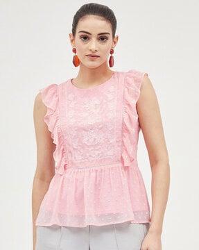 embroidered round-neck top with ruffled detail