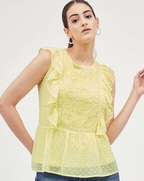 embroidered round-neck top with ruffled detail