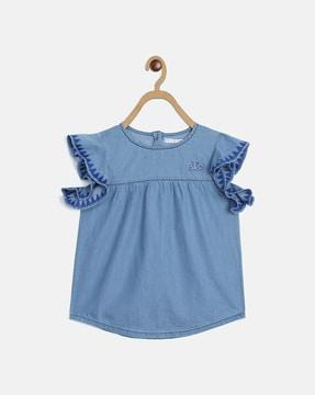 embroidered round-neck top with ruffled sleeves