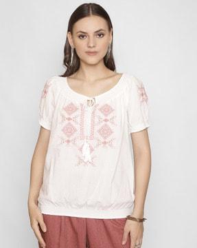 embroidered round-neck top with tie-up