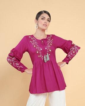 embroidered round-neck tunic with bell sleeves