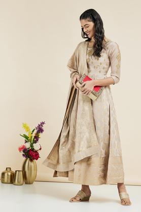 embroidered round neck viscose blend women's kurta dupatta set - natural