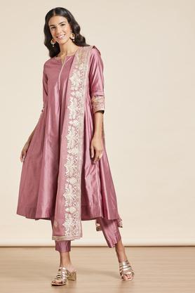 embroidered round neck viscose blend women's kurta pant dupatta set - dusty pink
