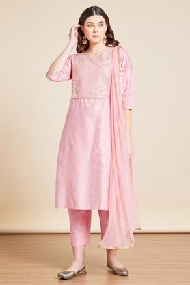 embroidered round neck viscose blend women's kurta pant dupatta set - pink