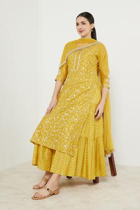 embroidered round neck viscose blend women's kurta pant dupatta set - yellow