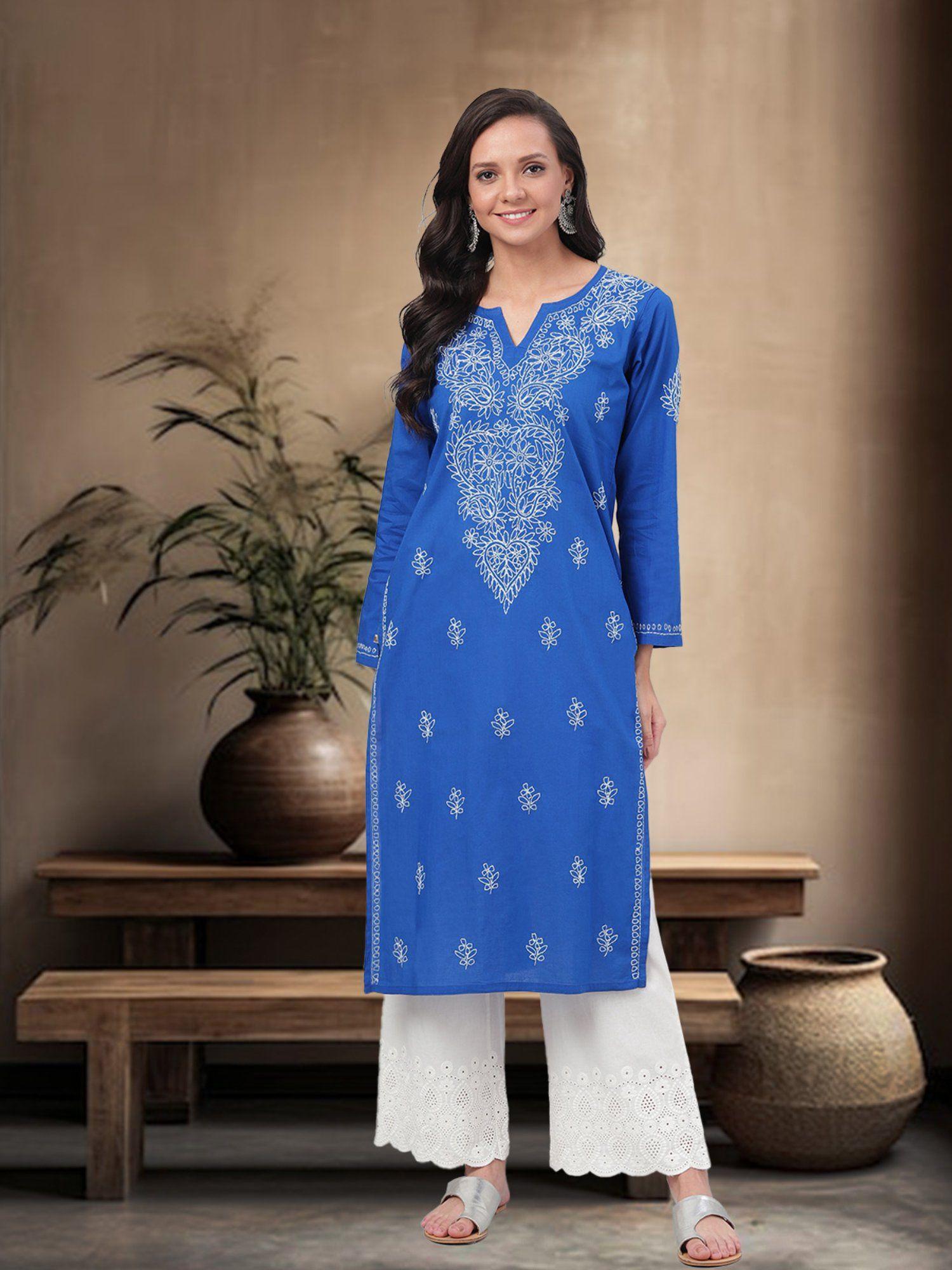 embroidered royal blue cotton lucknow chikankari kurta (xs) (a197442)