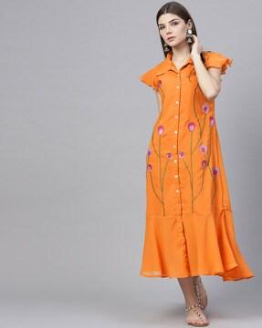 embroidered ruffle shirt dress