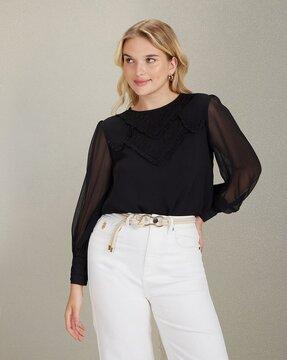 embroidered ruffled top with cuffed sleeves