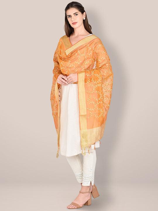embroidered rust blended silk dupatta.