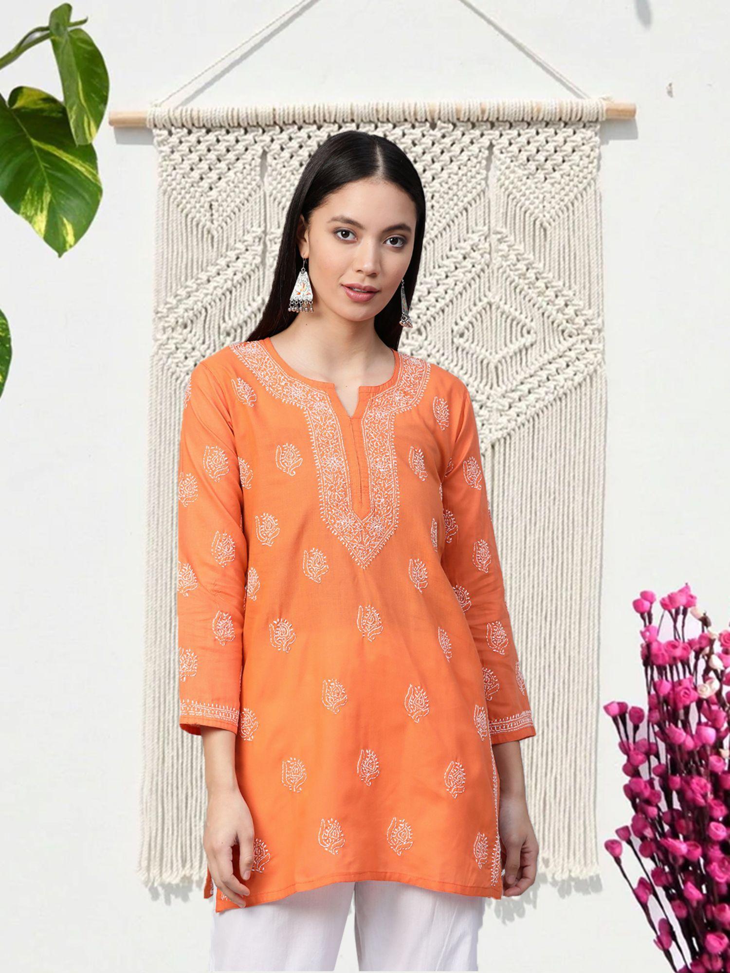 embroidered rust cotton lucknow chikankari kurti (xs) (a312251)