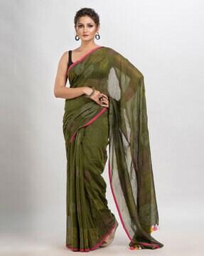 embroidered saree with contrast border & tassels