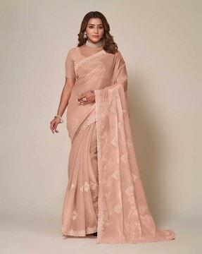 embroidered saree with contrast scalloped border