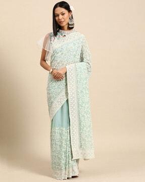 embroidered saree with contrast scalloped border