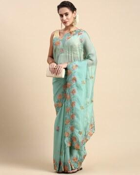 embroidered saree with scalloped border