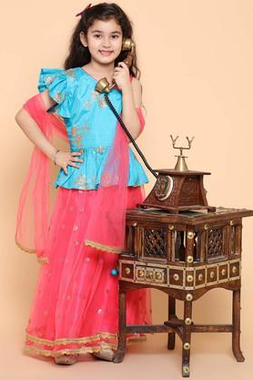 embroidered satin regular fit girls lehenga choli set - pink