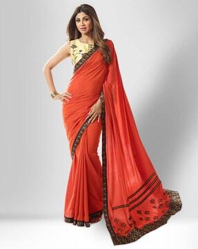 embroidered satin saree with patch border