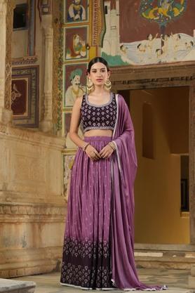 embroidered scoop neck silk women's lehenga choli set - purple