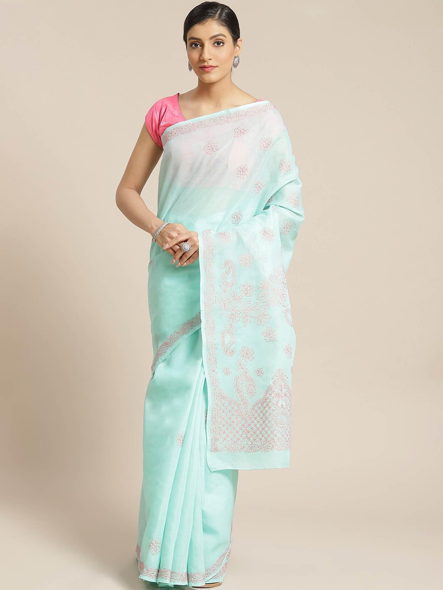 embroidered sea green cotton lucknow chikan saree- a311158 (a311158)