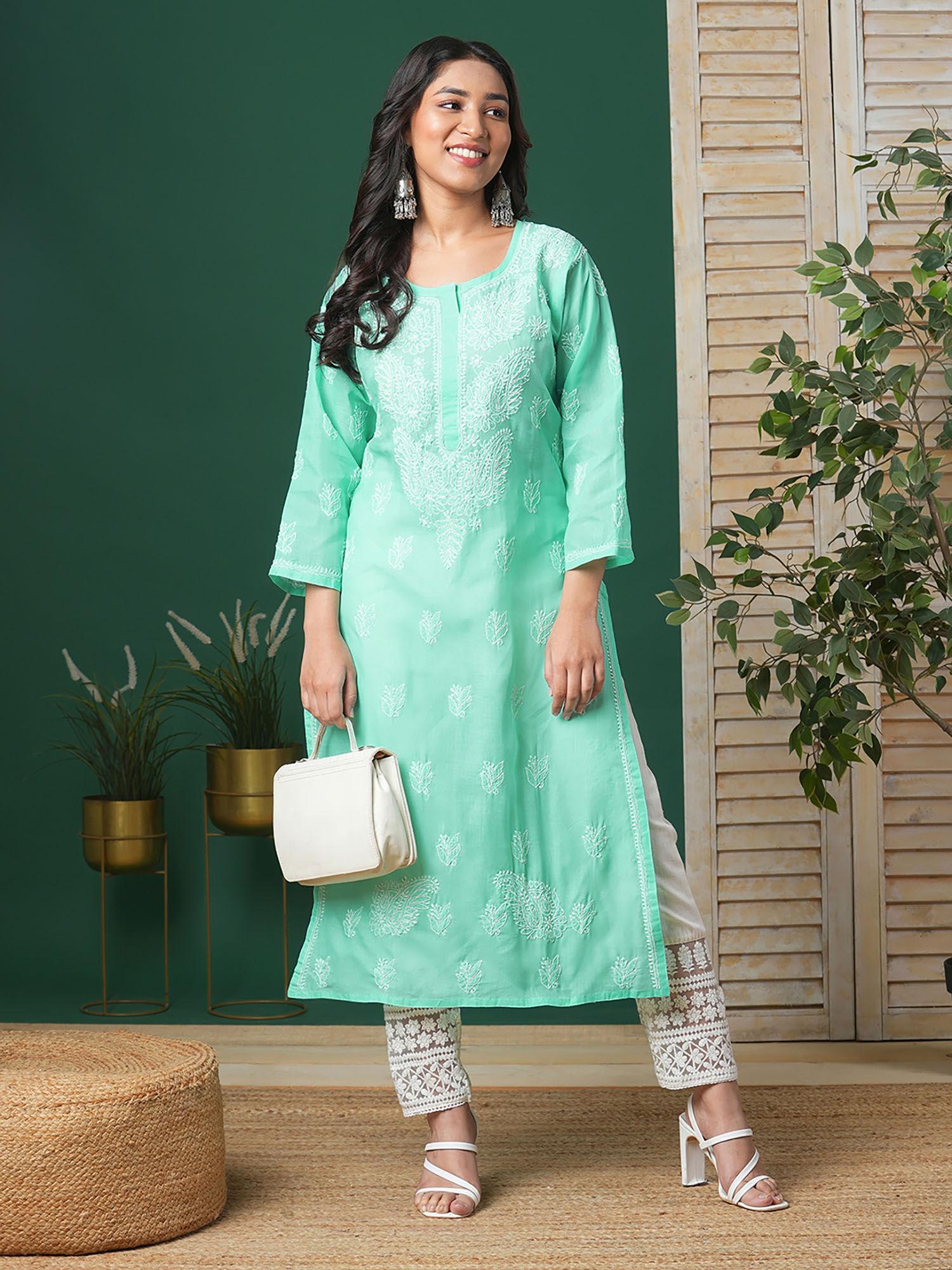 embroidered sea green cotton lucknow chikankari kurta (xs) (a133580)