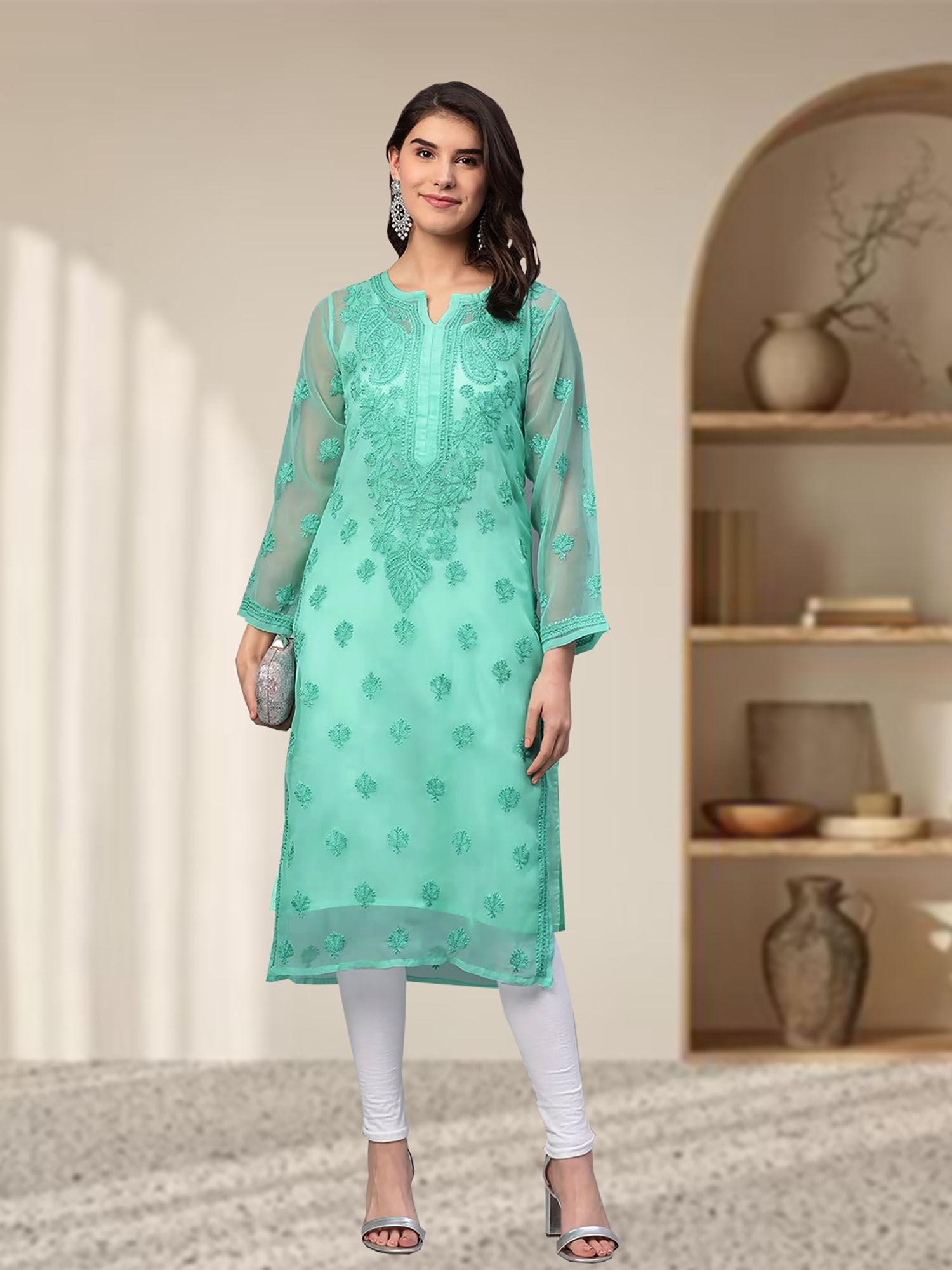 embroidered sea green georgette lucknow chikan kurta with slip (set of 2) (a130756)