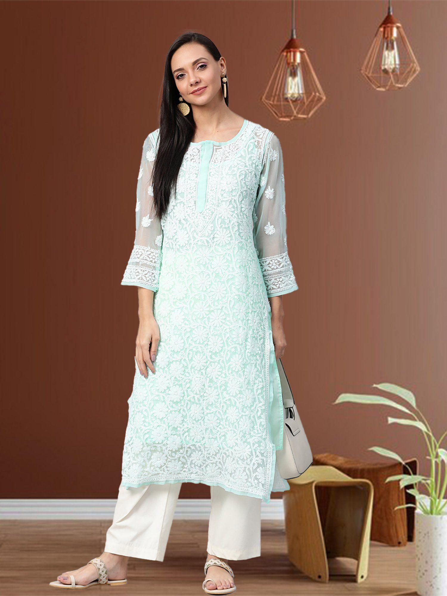 embroidered sea green georgette lucknow chikankari kurta with slip (set of 2) (xs) (a100475)